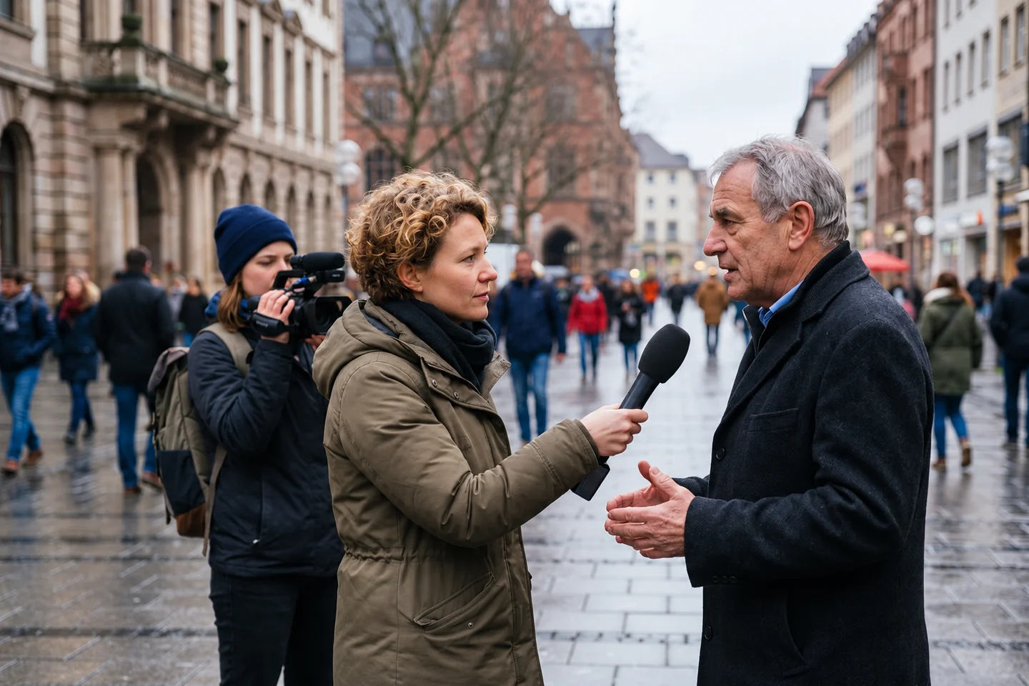 Eine Reporterin interviewt einen älteren Mann auf einer deutschen Fußgängerstraße; hinter ihr filmt eine Kamerafrau.